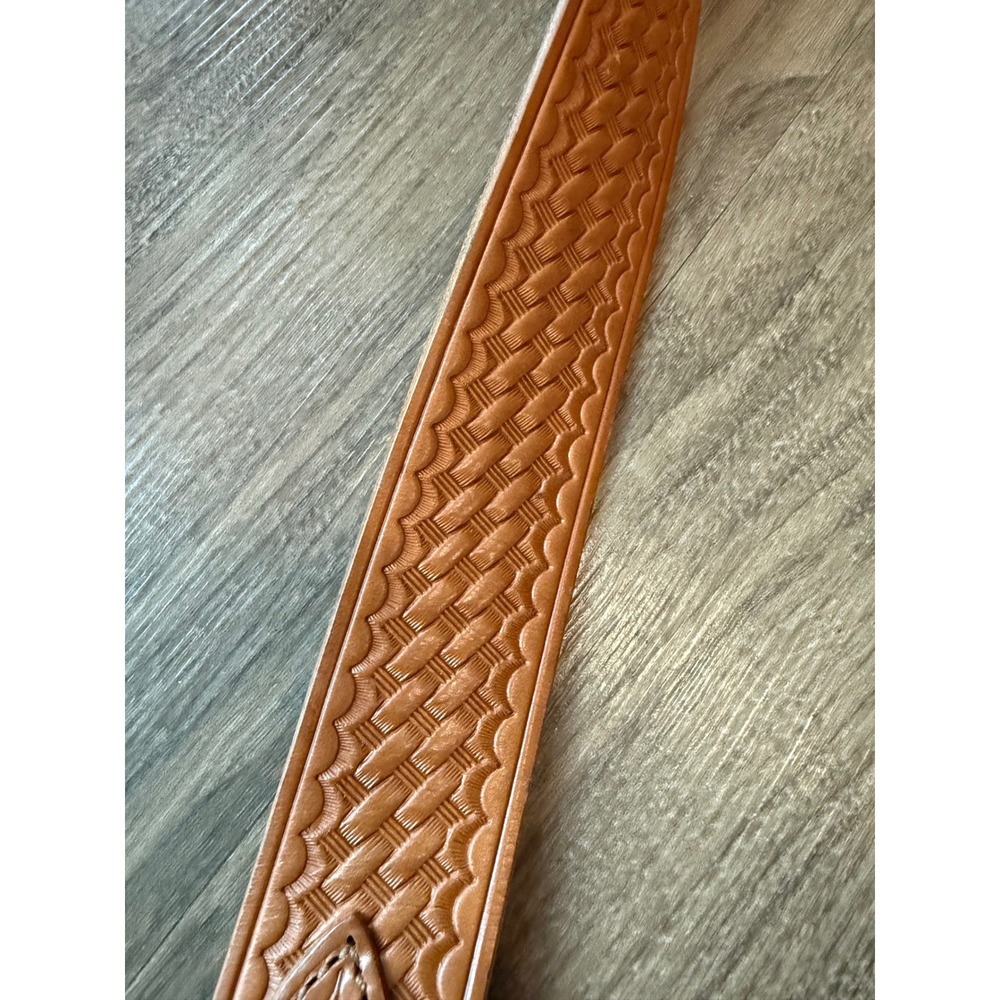 Bianchi B4 Rangler Tan Basketweave Leather Belt Solid Brass Buckle Size 36 Mens - Picture 13 of 13